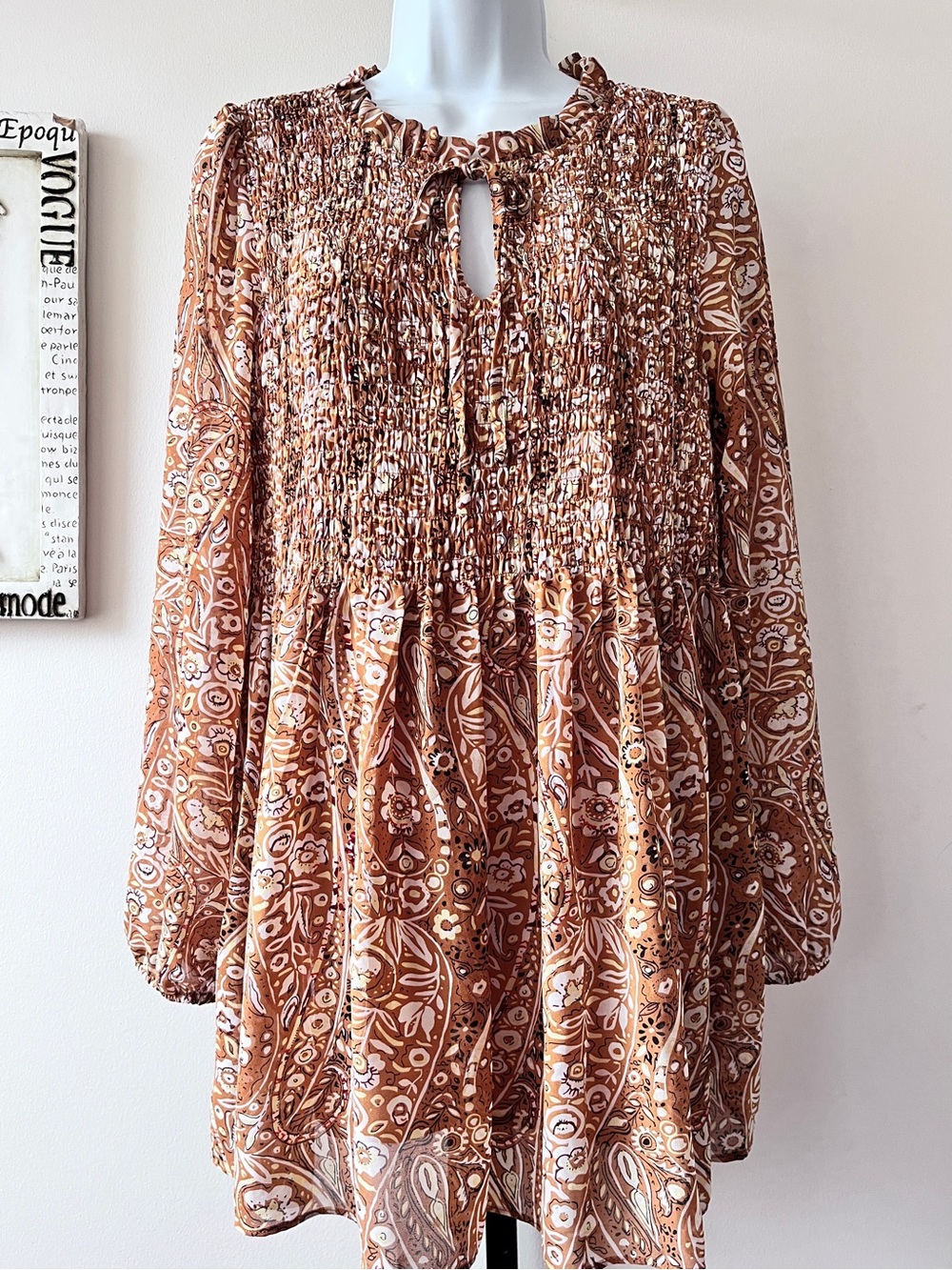 MELLODAY Brown Floral Boho Smocked Tunic Top Size M